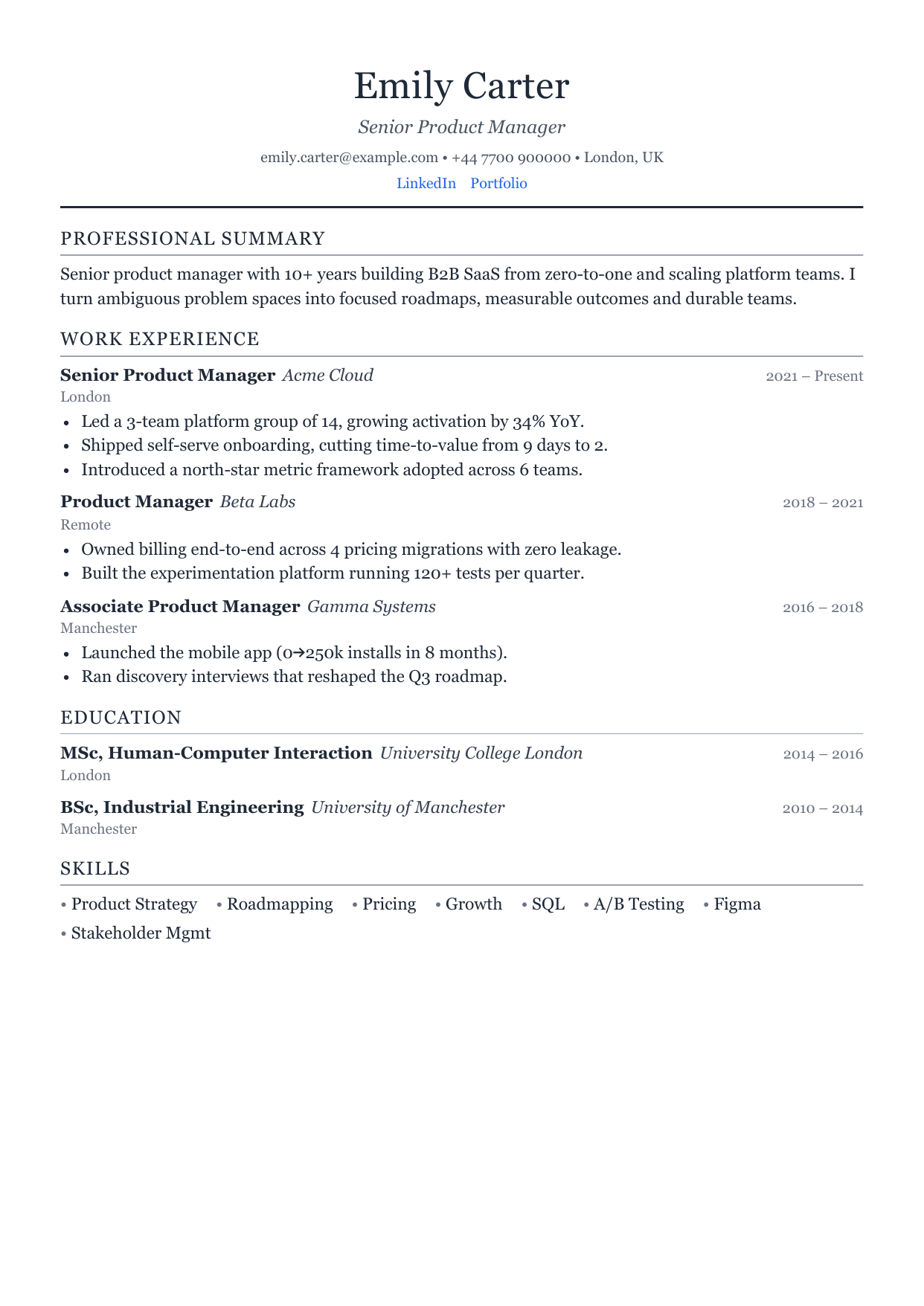 A resume rendered by CleanCV